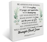 Christian Gift Be Anxious for Nothing Bible Verse Wooden Box Sign Philippians 46-7 Scriptures Wood Plaque Tabletop Signs Decorative Desk Wall Home Decor 5x5 Inches