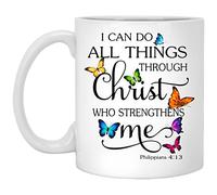 Christian Gifts - I Can Do All Things Through Christ Butterfly Religious Coffee Mug - Bible Quote Coffee Mug - Bible Gifts 11oz