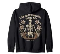 Christian Gothic Skeleton Resurrection John 11:25 Bible Zip Hoodie