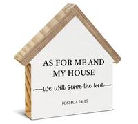 Christian Home Decor, As for Me and My House We Will Serve The Lord House Shaped Wood Block Sign, Bible Verse Home Living Room Decor for Desk Table Shelf