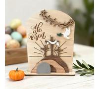 Christian Home Decor,He is Risen Wooden Easter Decors,Christian Empty Tomb Scene and Cross Decoration,Religious Wooden Jesus Nativity Scene Decor,Easter Tiered Tray Decorations for Desktop