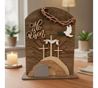 Christian Home Decor,He is Risen Wooden Easter Decors,Christian Empty Tomb Scene and Cross Decoration,Religious Wooden Jesus Nativity Scene Decor,Easter Tiered Tray Decorations for Desktop