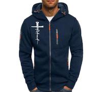 Christian Hoodies for Men Full Zip Faith Over Fear Cross Hooded Shirts Comfort Graphic Gym Long Sleeve with Zipper Pockets, Navy, L
