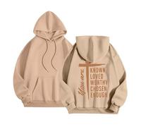Christian Hoodies for Women Fashionable Print Round Neck Hooded Long Sleeve Relaxed Fit Pullover Hoodies for Cool Days Khaki