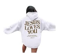 Christian Hoodies for Women Ladies Teen Girls UK Bible Verse Jesus Loves You Graphic Casual Oversized Long Sleeve Sweatshirts Drawstring Pockets Pullover Tops Womens Hoodies,A05 White,M