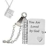 Christian Inspirational Book Necklace, Engraved Mini Book Faith Pendant Necklace: Christian Inspirational Faith Gift, Openable Multi Layer Chapter Hummingwings book necklace (Silver)