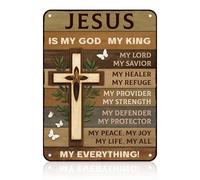 Christian Jesus Gifts, Jesus Is My God My King Vintage Wooden Plaque with Cross Design Religious Wall Art Decor for Home Church Prayer Room Office
