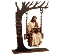 Christian Jesus Swing Ornament, Jesus on A Swing Wood Bookshelf Decor 2d Flat, 7.48in Bible Study Room Desk Decor, I Am The Way The Truth And Life Christian Figurine, Religious Gifts for Men Women