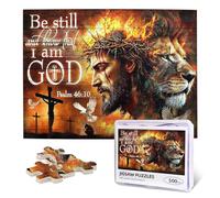 Christian Jigsaw Puzzles for Adults 500 Pieces Scripture Bible Religious Puzzles Be Still and Know That I Am God Lion Jesus Painting Wooden Puzzle for Family Challenging Puzzle Home Decoration