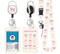 Christian Lanyards ID Badge Women Gifts, God Says I Am ID Badge Holder with Retractable Reel clipand Keychain, Vertical Identity Badge Cover Case Protector with Name Tag for Teacher Nurse Pink Bow