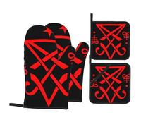 Christian Lucifer Satanic Oven Mitts and Pot Holders 4 Pcs Set,High Heat Resistant 500 Degree Extra Thicken Long Kitchen Cotton Oven Glove for Cooking