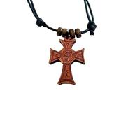 Christian Orthodox Greek Religious Pendant Necklace with Wood Cross - Handmade Adjustable Cord - 1.2x0.8 in / 3x2 cm / 18