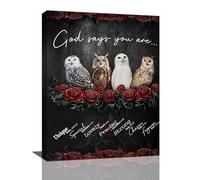 Christian Owl Rose Wall Art - Inspirational Canvas Painting Print, Farmhouse Owl God Says You Are, Framed for Living Room, Bathroom, Bedroom, Kitchen - 12x16