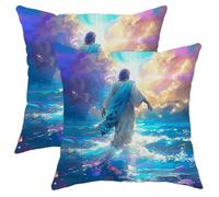Christian Pillow Covers Set of 2, Blue Ocean and Divine Light Throw Pillows Case, Inspirational Decorative Square Spiritual Decor Cushion Covers for Home Sofa Bed Couch 16x16 Inch