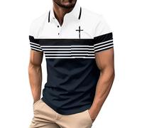 Christian Polo Shirts for Men Smart Casual Cross Print Golf Polos Comfort Breathable Stripe Workout Gym Fitness Work T-Shirt (Navy,L)