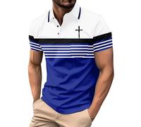 Christian Polo Shirts for Men Smart Casual Cross Print Golf Polos Comfort Breathable Stripe Workout Gym Fitness Work T-Shirt (Blue,XL)