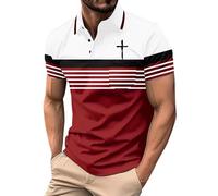 Christian Polo Shirts for Men Smart Casual Cross Print Golf Polos Comfort Breathable Stripe Workout Gym Fitness Work T-Shirt, Z01-Wine, 3XL