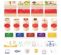 Christian Religious Wooden Rubber Stamp - CUweipeng 15Pcs DIY Craft Card Stamps Pads God is Love Rubber Stamps Ink Pads Set for Kids Stamps Sunday School Gift Favor Card Scrapbooking Making Supplies