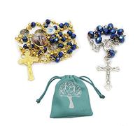 Christian Rosary Pack Catholic Rosary and Car Roary Made of Blue Glass Crystal Rosaries Necklaces and Bracelet for Women, Men, Kid. Girls One Decade Rosary Religious Gifts