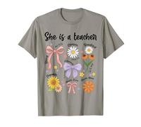 Christian She Is A Teacher Girly Coquette Bow Floral Faith T-Shirt