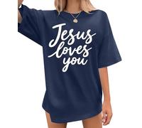 Christian Shirt for Women Faith Over Fear Shirts Religious Saying T-Shirt Oversized Jesus Short Sleeve Tops, Blue, XXL