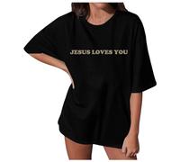Christian Shirts for Women Oversized Streetwear Jesus Shirt Religious Faith Casual Shirt Inspirational Graphic Running Shirt Breathable T-Shirts Short Sleeve Top Lightweight Top, P Black, S