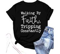 Christian Shirts for Women Walking by Faith Tripping Constantly T-Shirt Inspirational Faithful Religious Tees, Black, XXL