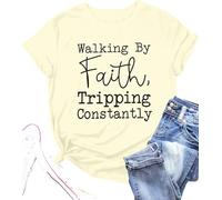 Christian Shirts for Women Walking by Faith Tripping Constantly T-Shirt Inspirational Faithful Religious Tees, Apricot, XL