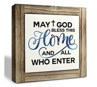 Christian Sign, Box Wood Plaques Desk Décor, Rustic Family Sign, Encouragement Christian Table and Home Decor, Farmhouse Decor for Shelf, May God Bless This Home and All Who Enter Sign