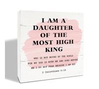 Christian Sign, Rustic Box Sign Decor Tabletop, Bible Verse Decor Art,Home Decor, Christian Gift for Her Wo, 2 Corinthians 6:18 Sign - I am the Daughter of A King 7 x 7 Inches