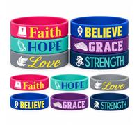 Christian Silicone Wristbands, Bible Verse Faith Bracelets, 12 Pack | Soft silicone bracelets with Faith, Hope, Love, Believe, Grace and Strength designs for church groups and Christian gifts