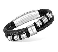 Christian Silver Leather Bracelet for Men - Double-Row Braided Leather Faith Cross Bracelets Bangle Religious Baptism Inspirational Bible Verse Jewelry Gift for Young Men Teenage, Adjustable Wristband