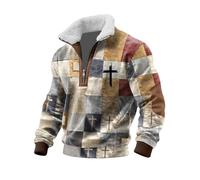 Christian Sweatshirts Quarter Zip Pullover Men Fleece Stand Collar Mens Jumpers Christ Crosses Printed Long Sleeve Sweatshirt Block Color Winter Warm Sweater (Khaki-1, XXXXL)