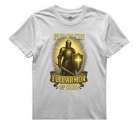 Christian T-Shirt - Put On The Full Armor of God - Religious Graphic Tee with Knight and Shield Design - Men & Women (UK, Alpha, L, Regular, Regular, Men, White)