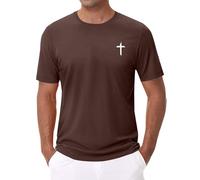 Christian T Shirts for Men Short Sleeve Shirt Jesus Cross Print Graphic Tees Summer Casual Lightweight Crewneck Tops(Coffee, XXL)