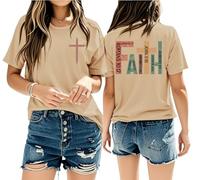 Christian T Shirts for Womens Faith Cross T-Shirt Bible Verse Blessed Printed Tees Religious Inspirational Tops Khaki