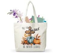Christian Themed Canvas Tote Bag, Fall Gifts Bag For Women Men, Fall For Jesus He Never Leaves Canvas Shoulder Tote For Thanksgiving, Washable And Reusable Bags, 04