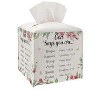 Christian Tissue Box Cover-God Says Bible Verse PU Leather Tissue Box Holder with Elastic Bottom Strap,5.2x5.2Inch Tissue Box Decor for Bathroom Countertop,Dresser,Office Desk,Bedroom (White-God Says)