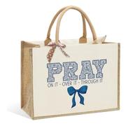 Christian Tote Bags, Christian Gifts for Women, Religious Tote Bags for Women, Coquette Bow Bag with Floral Christians Gifts for Mom, Wife, Sisters, Best Friends - Pray on It Over It Through It Blue