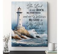 Christian Wall Art Decor, The Lord is My Rock Bible Verse Framed Canvas Painting, Coastal Light House Religious Prints Picture for Prayer Room Decor, 8x10 Inch