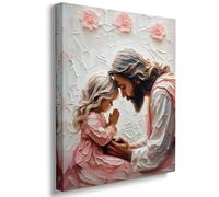 Christian Wall Art Jesus and Little Girl Canvas Painting Pastel Prayer Poster for Nursery or Bedroom Decor 11x14in Wood Frame