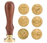 Christian Wax Seal Stamp Kit with 6 Brass Heads + Handle & Gift Box - Cross, Jesus Fish, Faith Hope Love - Religious Symbols for Envelopes, Letters, Bible Journaling