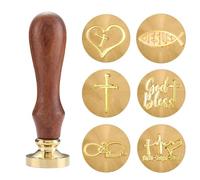 Christian Wax Seal Stamp Set - 6 Brass Heads with Faith-Inspired Symbols & Wooden Handle in Gift Box | Jesus Fish, Cross, God Bless, Faith Hope Love | for Invitations & Crafting