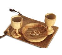 Christian Wedding Gifts - Olive Wood Communion Set Made in Bethlehem - 2 small Cups (3") & Bread Tray for Marriage Unity Ceremony - Authentic Holy Land Gift for Bride & Groom with Certificate