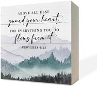 Christian Wood Box Sign Decor Tabletop,Bible Verse Proverbs 4：23 - Above All Else Guard Your Heart For Everything You Do Flows From It,Christian Home Decor,Farmhouse Decor,Christian Gifts 7x7 inch