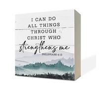 Christian Wood Signs, Bible Verse Philippians 4:13 - I Can Do All Things Through Christ Who Strengthens Me, Box Sign Decor Tabletop, Inspirational Home Desk Decor, Motivational Gift for Friends Family