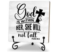 Christian Wooden Sign - God Is Within Her She Well Not Fall - Desk Decor Sign With Stand, Home Office Decor Funny Gifts Office Table Desk Decor Accessories & Supplies, 5X5 Inches-A36