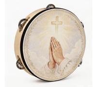 Christian Worship Tambourine Birch Wood Frame Faux Sheepskin Head Handheld Percussion Instrument for Church Choir Praise 8 Inch