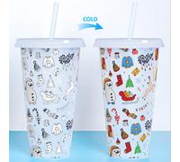 (Christmas, 1 PC) Loving Christmas Colour Changing Plastic Cold Cup with Straw, 24oz
