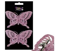 Christmas 2 Pack Clip on Glitter Butterfly Tree Decoration - Pink